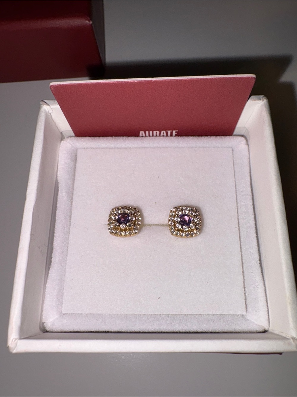 Aurate Gold and Purple Cushion-Cut Earrings like new - Picture 8 of 8